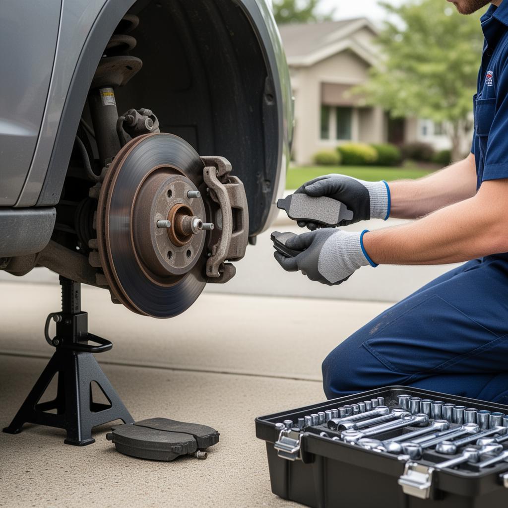 Close-up of mobile brake pad replacement performed in a residential driveway