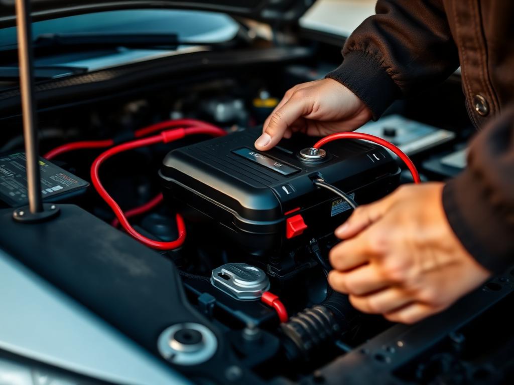 Close-up of a battery jumpstart in progress with portable jump pack