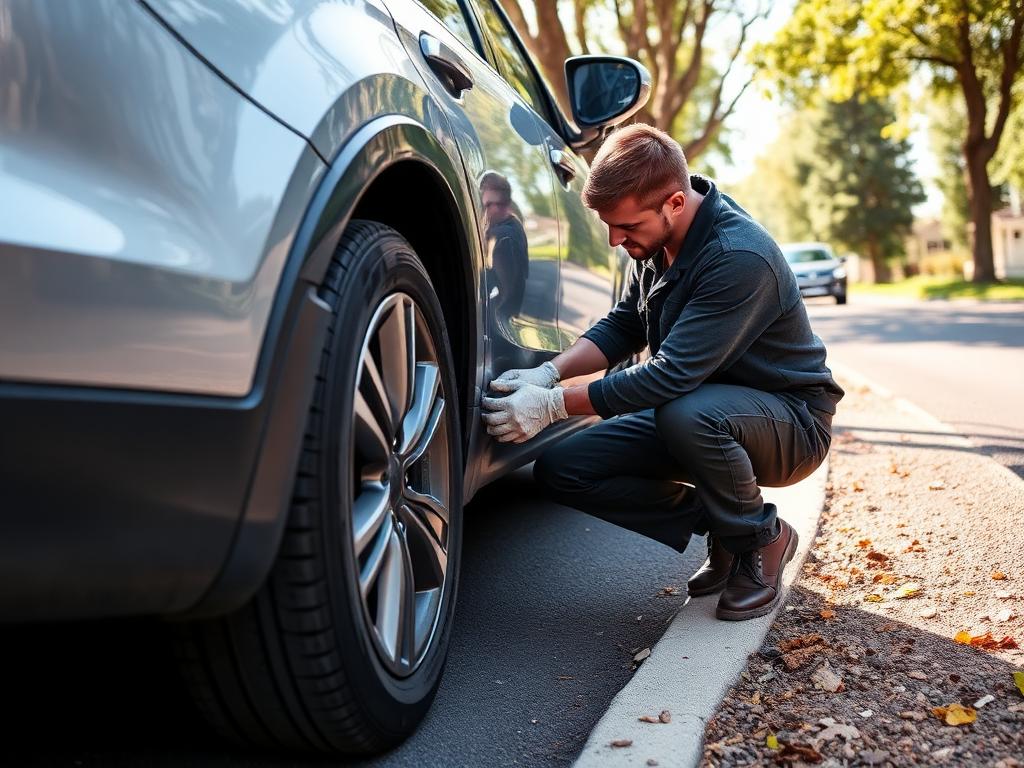 Mobile roadside pro performing a flat tire change on a suburban street